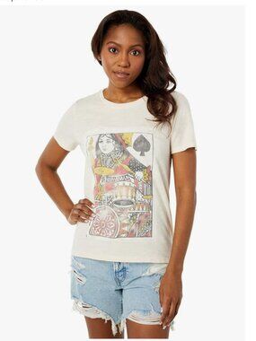 Lucky Brand Women's Queen of Spades Playing Card Cotton T Shirt Off-White, Med